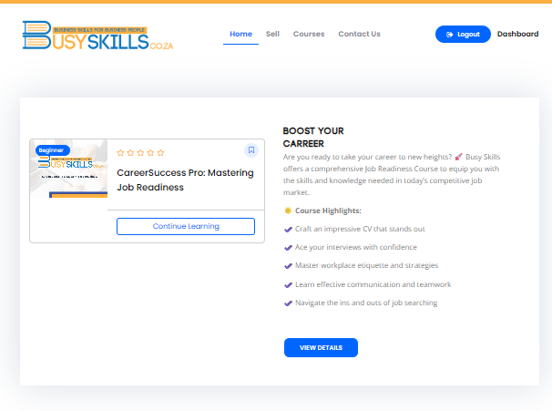 Busy Skills e-learning website built by MEGA.africa